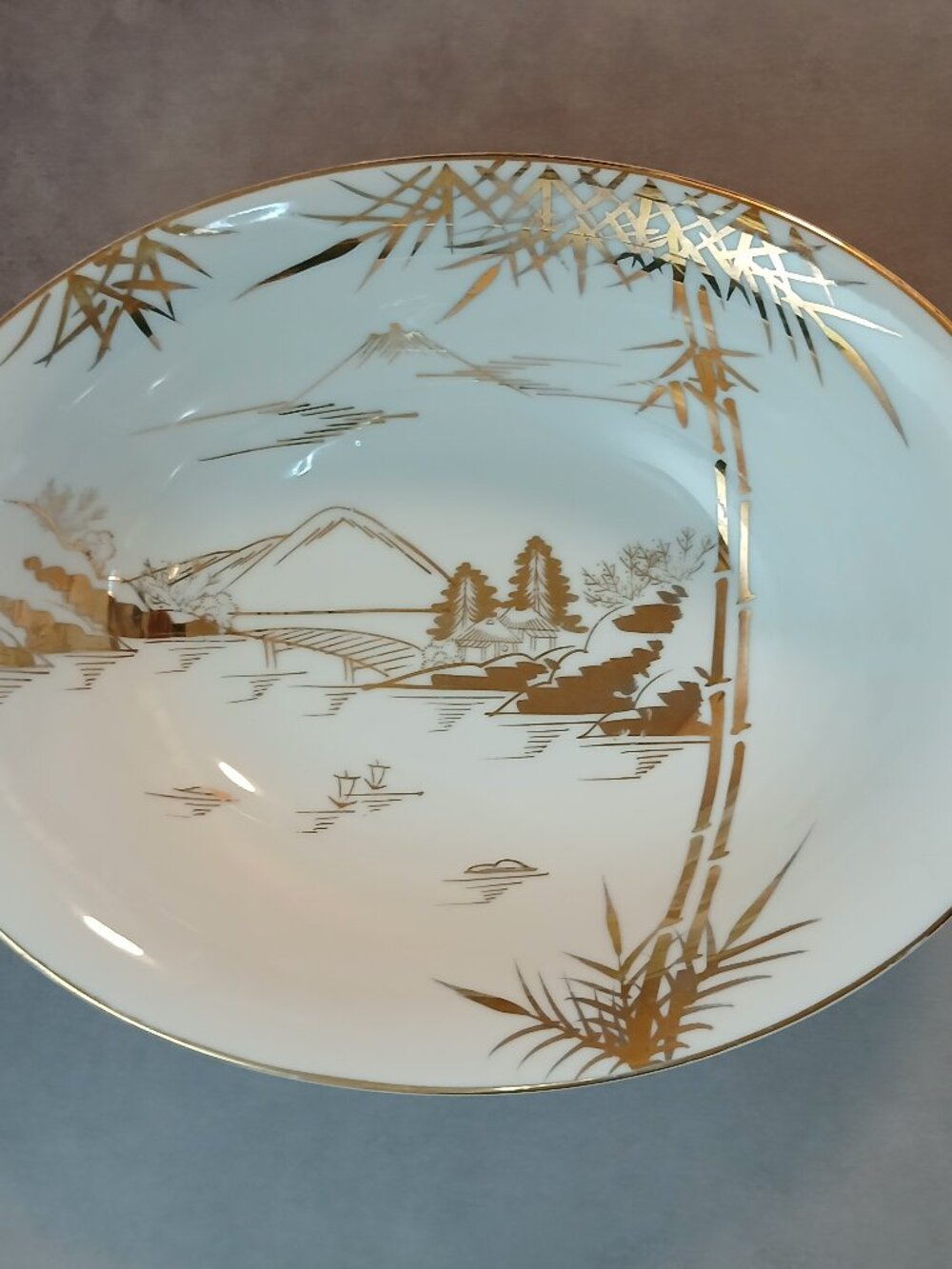 Vintage Japanese Kutani Porcelain Serving Bowl-Mt. Fuji Gold Motifs